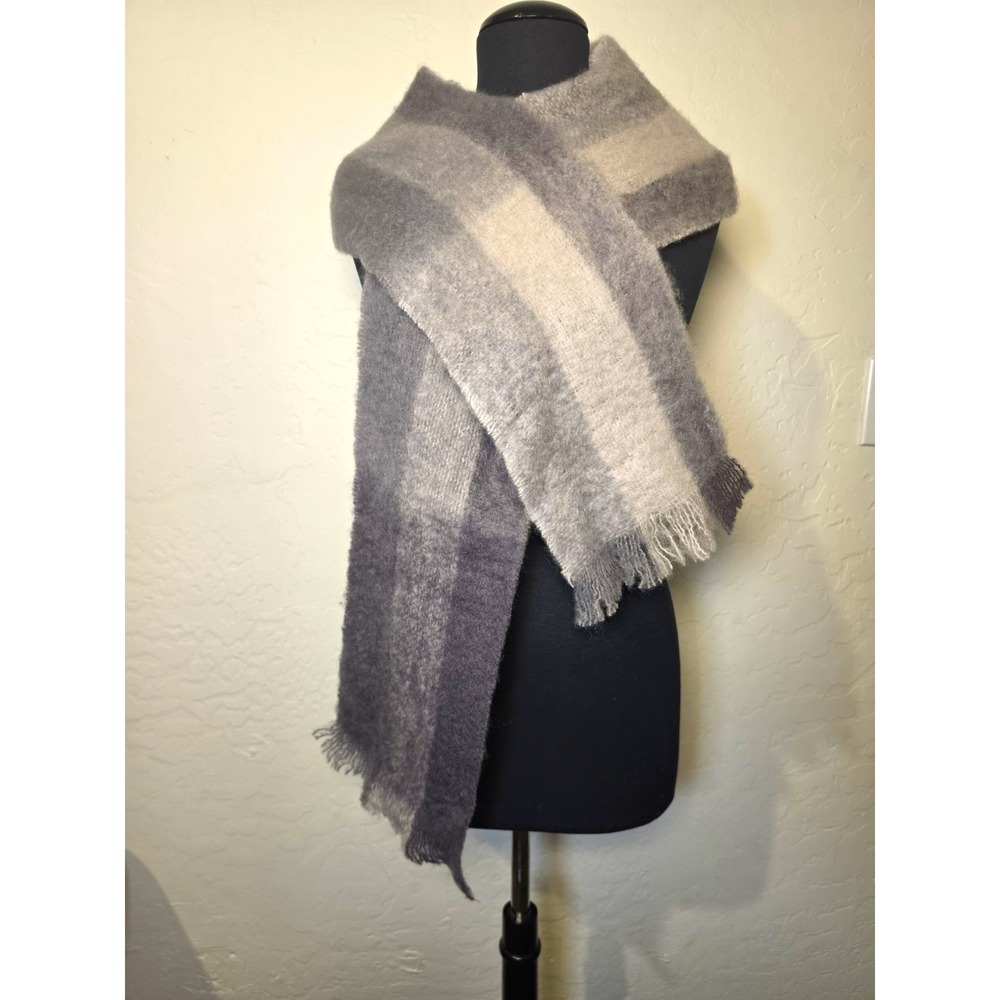 cape Mohair scarf Gray/Ivory Striped Mohair Wool Knit Fringe Rectangle